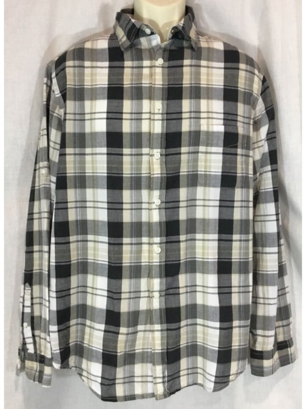 90 Grunge Button Down Shirt Mens L Neutral Gray Plaid Tailored Fit Cabincore VTG